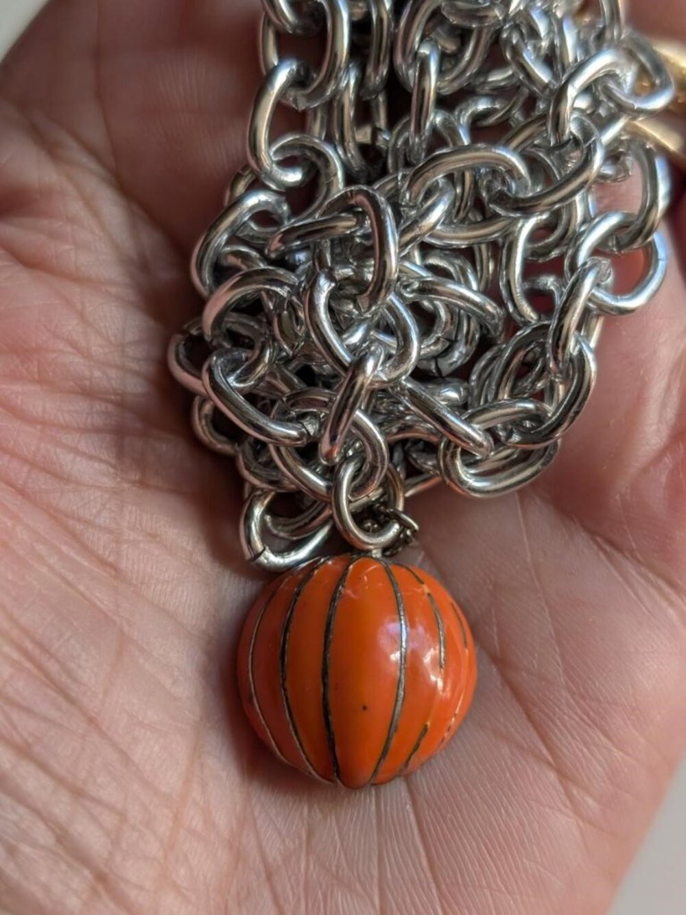 Vintage Halloween Enamel Pumpkin Pendant in a Heavy Silver Tone Chain